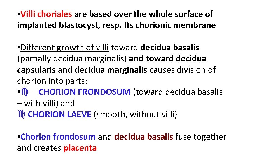  • Villi choriales are based over the whole surface of implanted blastocyst, resp.