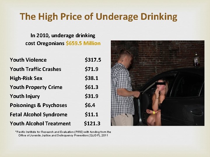 The High Price of Underage Drinking In 2010, underage drinking cost Oregonians $659. 5