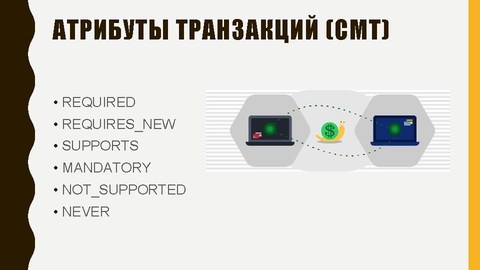 АТРИБУТЫ ТРАНЗАКЦИЙ (CMT) • REQUIRED • REQUIRES_NEW • SUPPORTS • MANDATORY • NOT_SUPPORTED •