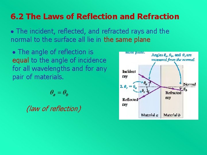 6. 2 The Laws of Reflection and Refraction The incident, reflected, and refracted rays