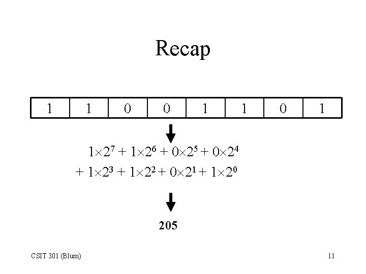 Recap 1 1 0 0 1 1 27 + 1 26 + 0 25