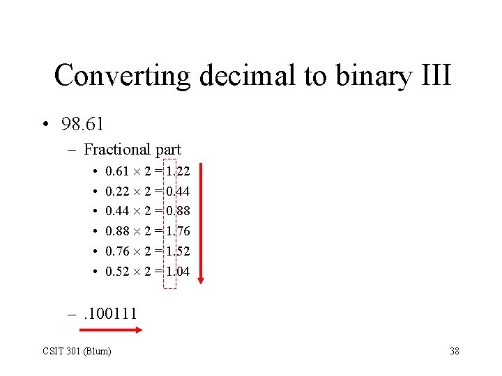 Converting decimal to binary III • 98. 61 – Fractional part • • •