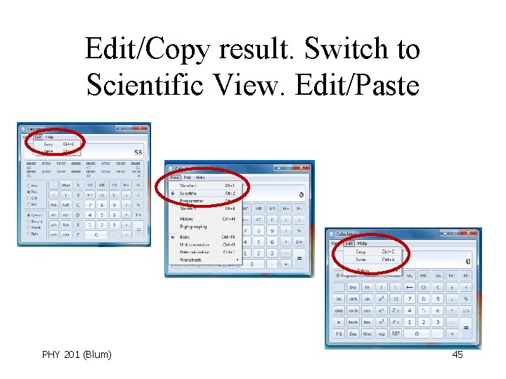 Edit/Copy result. Switch to Scientific View. Edit/Paste PHY 201 (Blum) 45 