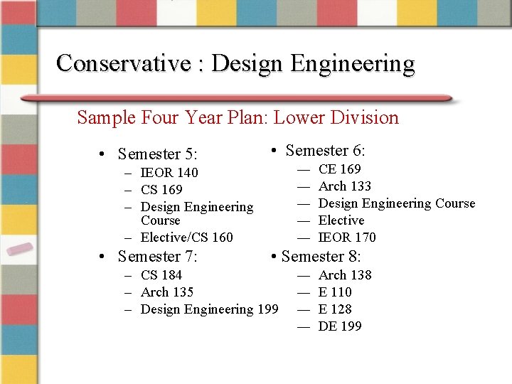 Conservative : Design Engineering Sample Four Year Plan: Lower Division • Semester 5: •