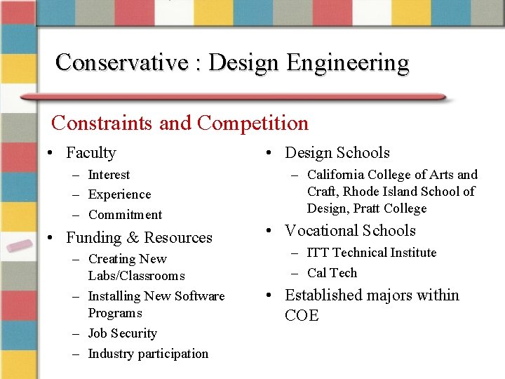 Conservative : Design Engineering Constraints and Competition • Faculty – Interest – Experience –