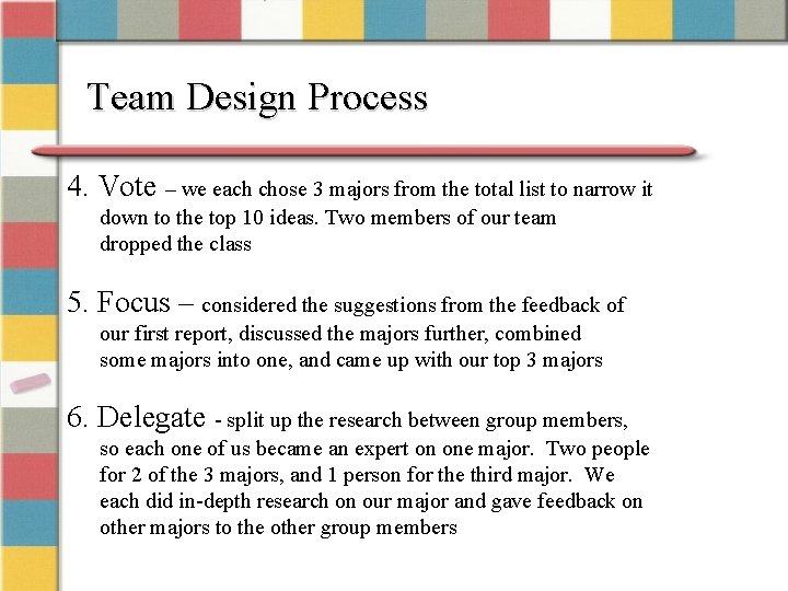 Team Design Process 4. Vote – we each chose 3 majors from the total