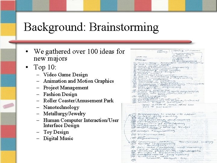 Background: Brainstorming • We gathered over 100 ideas for new majors • Top 10: