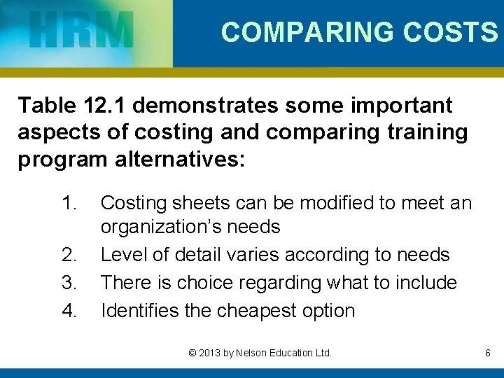 COMPARING COSTS Table 12. 1 demonstrates some important aspects of costing and comparing training