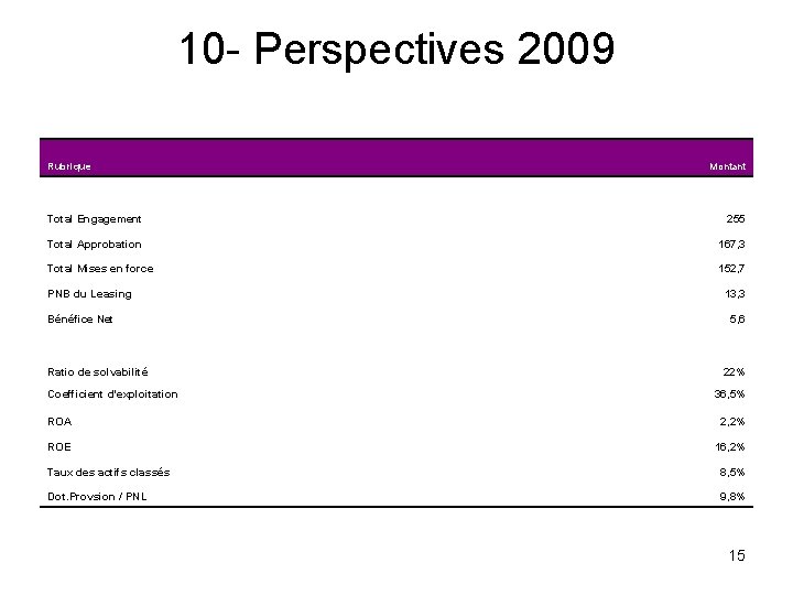 10 - Perspectives 2009 Rubrique Montant Total Engagement 255 Total Approbation 167, 3 Total