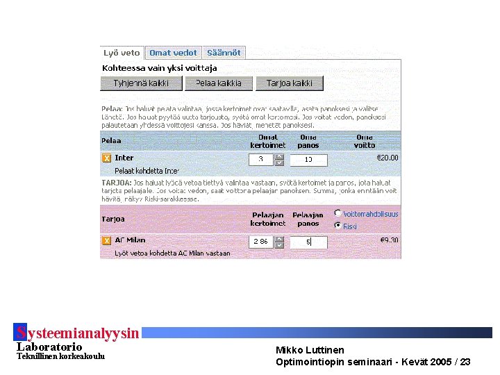 S ysteemianalyysin Laboratorio Teknillinen korkeakoulu Mikko Luttinen Optimointiopin seminaari - Kevät 2005 / 23 S ysteemianalyysin Laboratorio Teknillinen korkeakoulu Mikko Luttinen Optimointiopin seminaari - Kevät 2005 / 23