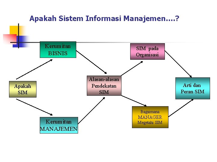 Apakah Sistem Informasi Manajemen…. ? Kerumitan BISNIS SIM pada Organisasi Alasan-alasan Pendekatan SIM Apakah