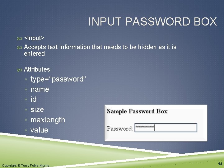 INPUT PASSWORD BOX <input> Accepts text information that needs to be hidden as it