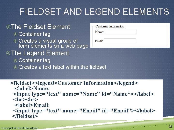 FIELDSET AND LEGEND ELEMENTS The Fieldset Element Container tag Creates a visual group of