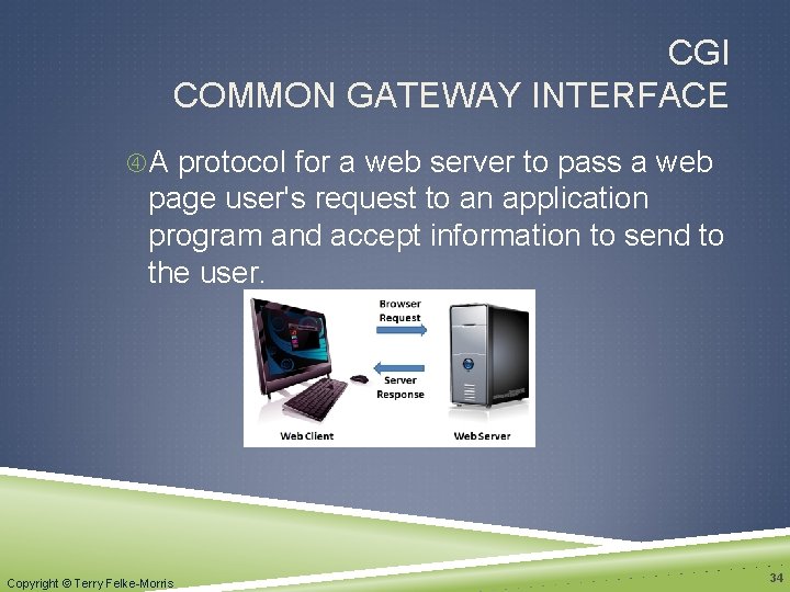 CGI COMMON GATEWAY INTERFACE A protocol for a web server to pass a web