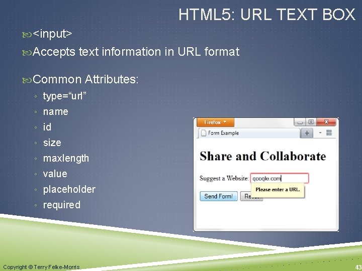 HTML 5: URL TEXT BOX <input> Accepts text information in URL format Common Attributes: