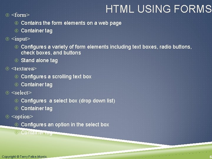  <form> HTML USING FORMS Contains the form elements on a web page Container