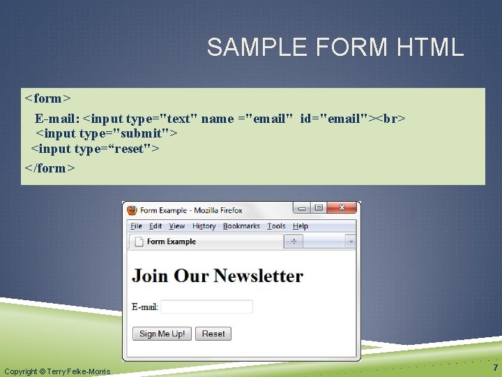 SAMPLE FORM HTML <form> E-mail: <input type="text" name ="email" id="email"> <input type="submit"> <input type=“reset">