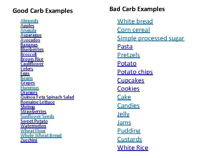 Good Carb Examples Almonds Apples Arugula Asparagus Avocados Bananas Blueberries Broccoli Brown Rice Cauliflower