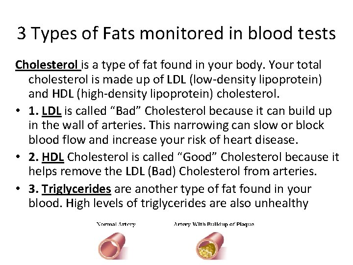 3 Types of Fats monitored in blood tests Cholesterol is a type of fat