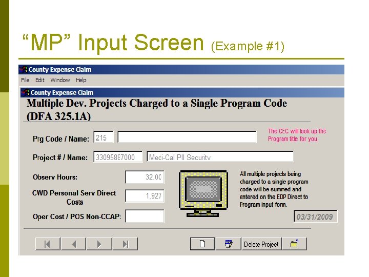 “MP” Input Screen (Example #1) 