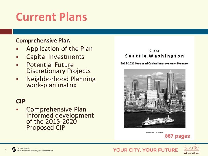 Current Plans Comprehensive Plan § § CIP § Application of the Plan Capital Investments