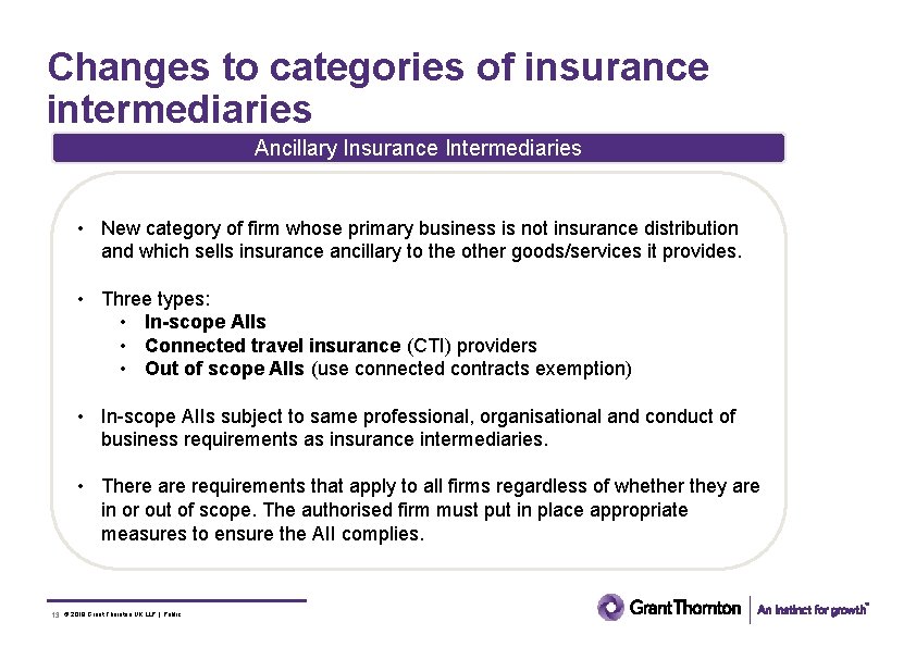 Changes to categories of insurance intermediaries Ancillary Insurance Intermediaries • New category of firm