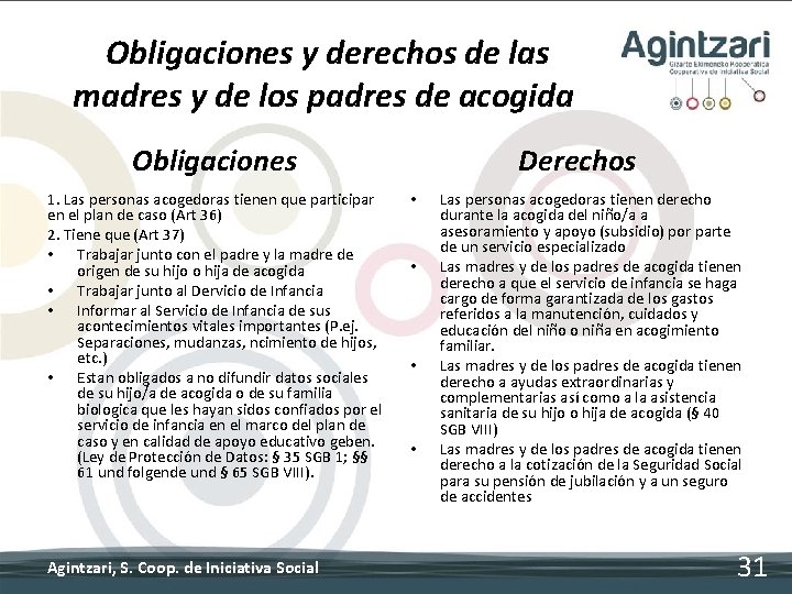 Obligaciones y derechos de las madres y de los padres de acogida Obligaciones 1.