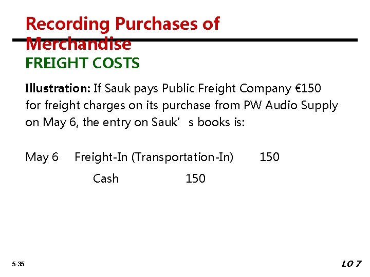 Recording Purchases of Merchandise FREIGHT COSTS Illustration: If Sauk pays Public Freight Company €
