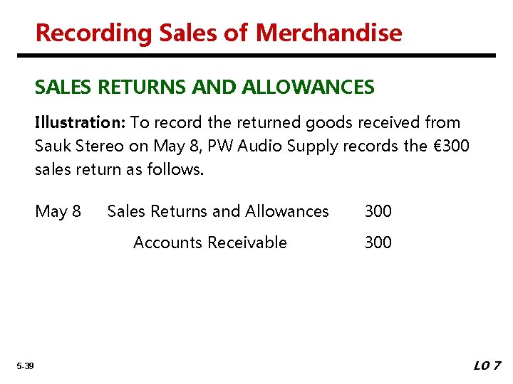 Recording Sales of Merchandise SALES RETURNS AND ALLOWANCES Illustration: To record the returned goods
