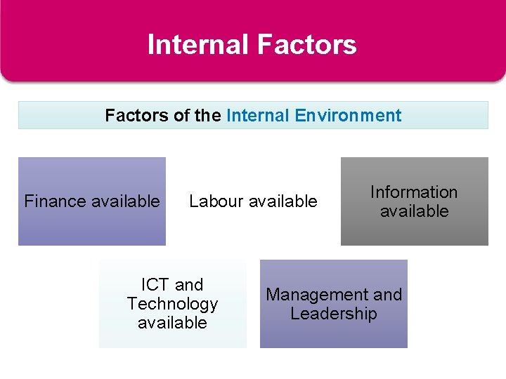 Internal Factors of the Internal Environment Finance available Labour available ICT and Technology available