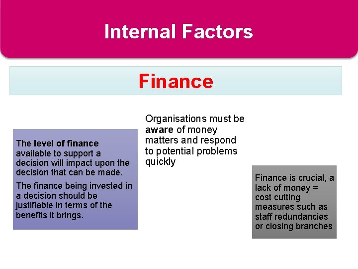 Internal Factors Finance The level of finance available to support a decision will impact