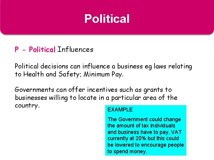 Political External Influences P - Political Influences Political decisions can influence a business eg