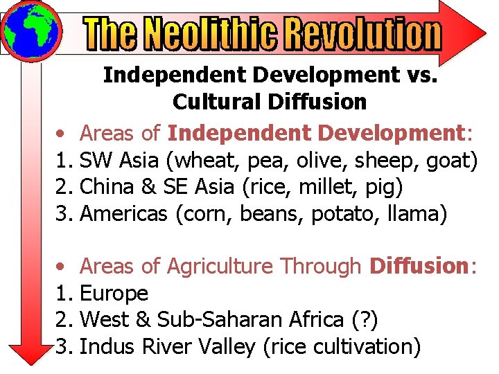 Independent Development vs. Cultural Diffusion • Areas of Independent Development: 1. SW Asia (wheat,