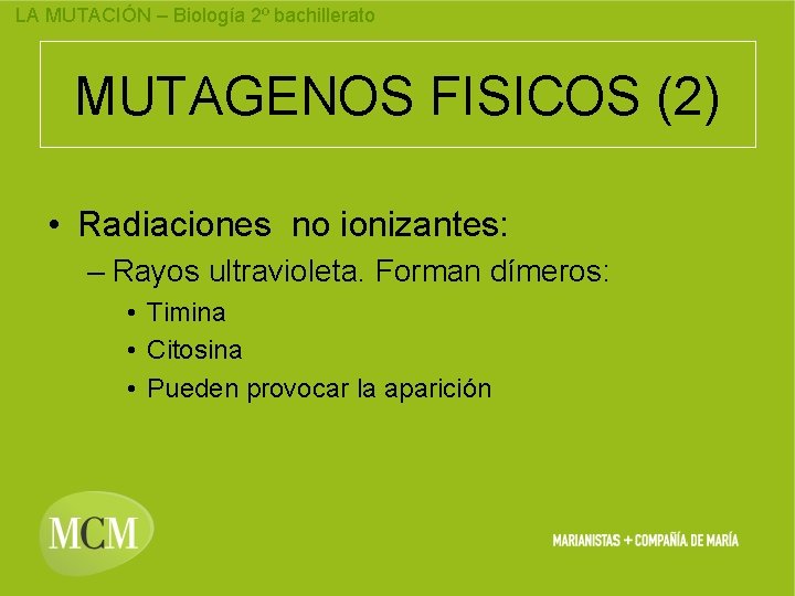 LA MUTACIÓN – Biología 2º bachillerato MUTAGENOS FISICOS (2) • Radiaciones no ionizantes: –