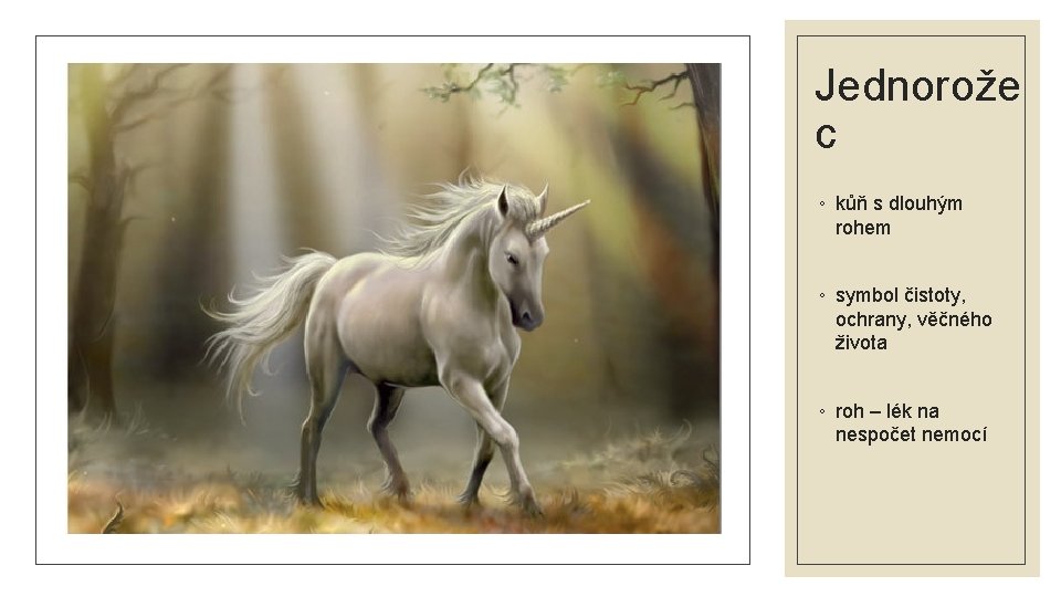 Jednorože c ◦ kůň s dlouhým rohem ◦ symbol čistoty, ochrany, věčného života ◦