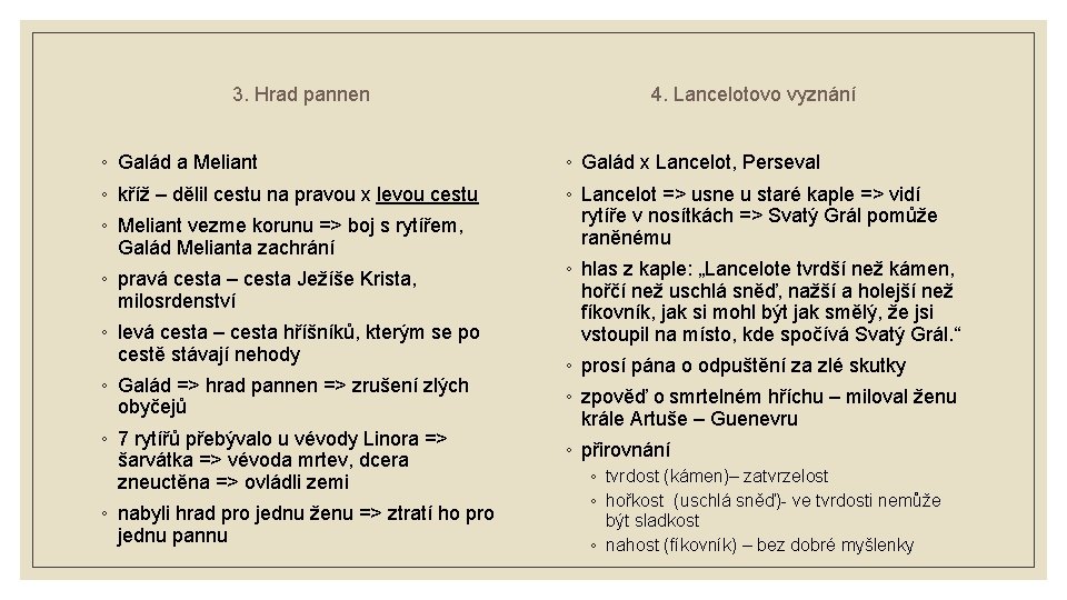 3. Hrad pannen 4. Lancelotovo vyznání ◦ Galád a Meliant ◦ Galád x Lancelot,