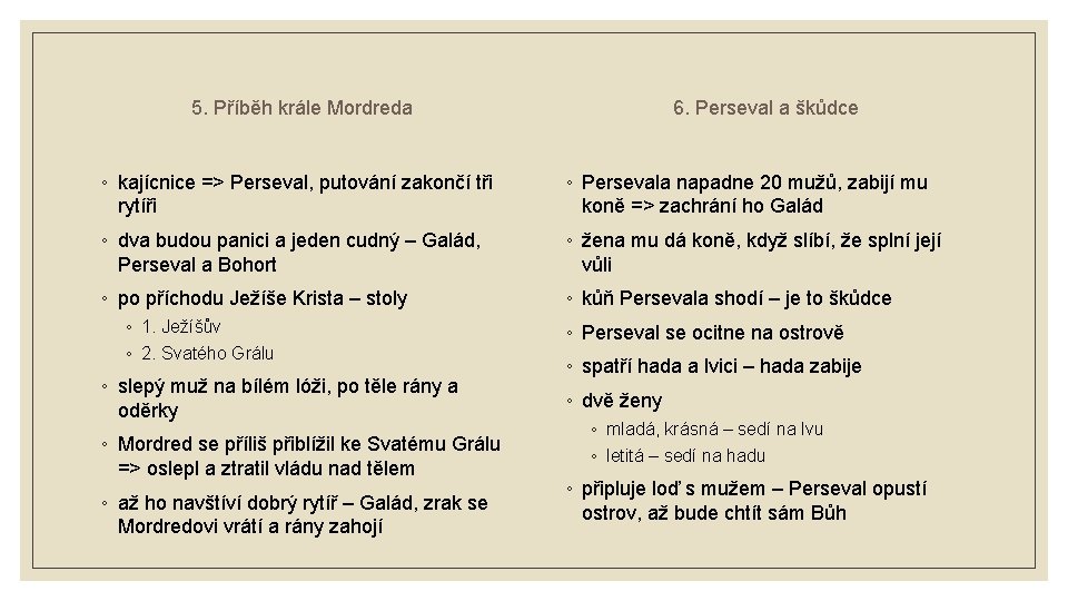 6. Perseval a škůdce 5. Příběh krále Mordreda ◦ kajícnice => Perseval, putování zakončí