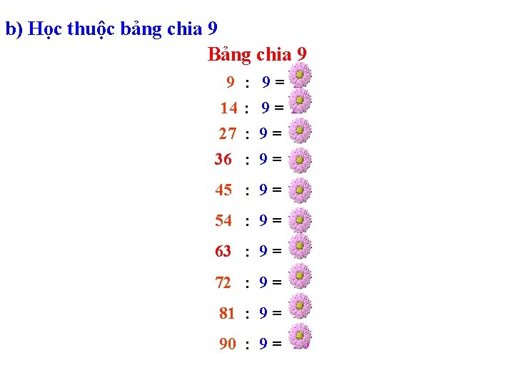 b) Học thuộc bảng chia 9 Bảng chia 9 9 : 9= 1 14