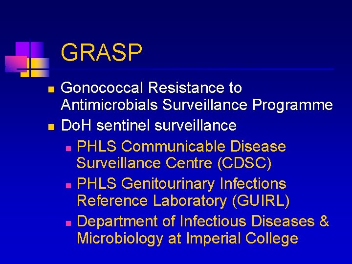 GRASP n n Gonococcal Resistance to Antimicrobials Surveillance Programme Do. H sentinel surveillance n