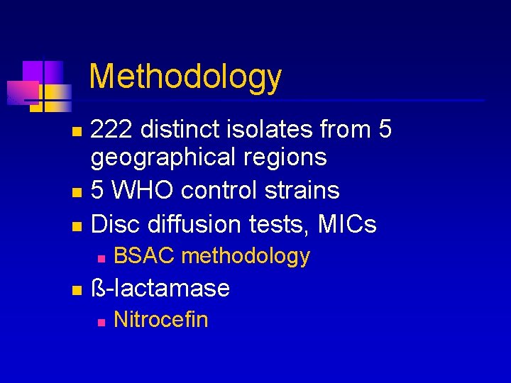 Methodology 222 distinct isolates from 5 geographical regions n 5 WHO control strains n