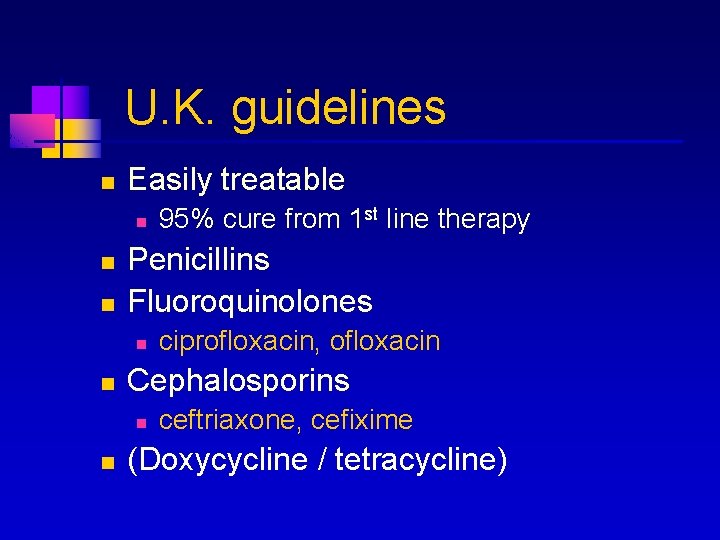 U. K. guidelines n Easily treatable n n n Penicillins Fluoroquinolones n n ciprofloxacin,