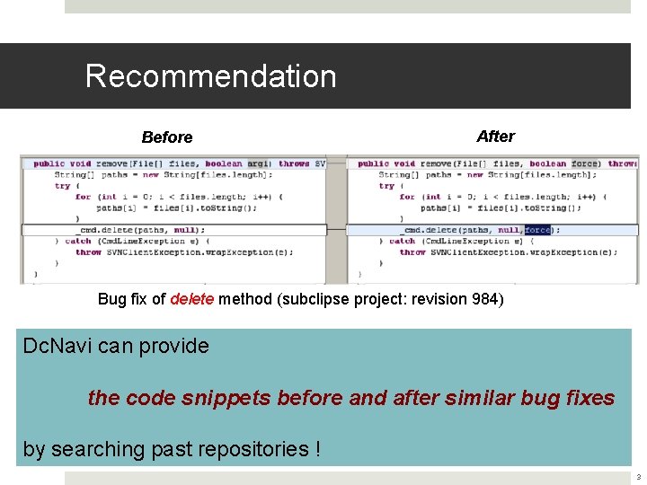 Recommendation Before After Bug fix of delete method (subclipse project: revision 984) Dc. Navi