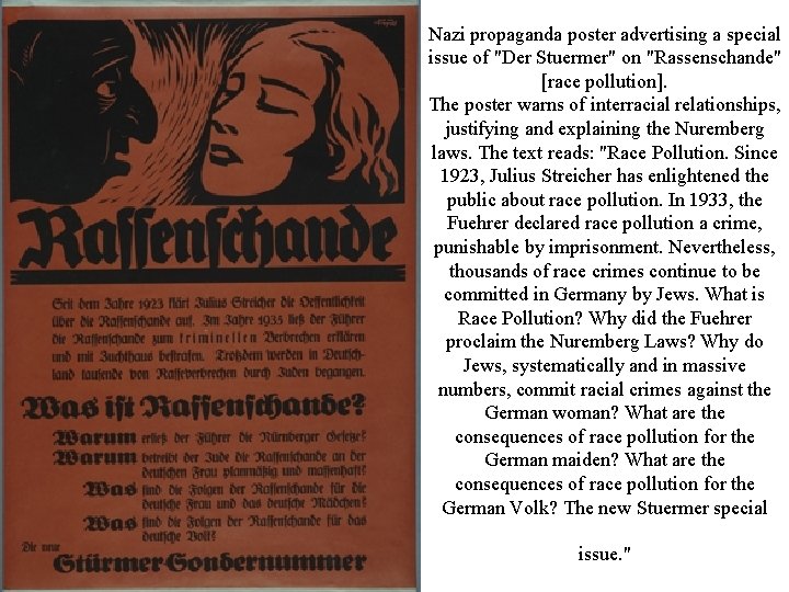 Nazi propaganda poster advertising a special issue of "Der Stuermer" on "Rassenschande" [race pollution].