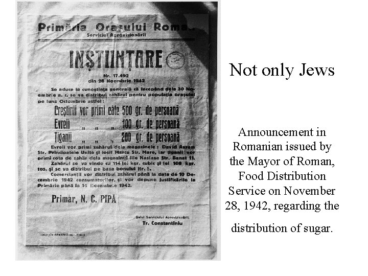 Not only Jews Announcement in Romanian issued by the Mayor of Roman, Food Distribution