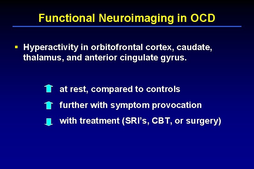 Functional Neuroimaging in OCD § Hyperactivity in orbitofrontal cortex, caudate, thalamus, and anterior cingulate