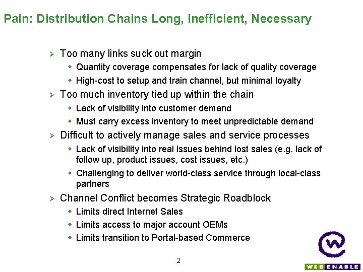 Pain: Distribution Chains Long, Inefficient, Necessary Too many links suck out margin Quantity coverage
