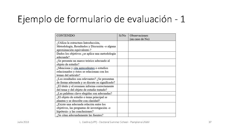 Ejemplo de formulario de evaluación - 1 Julio 2018 L. Codina (UPF) - Doctoral