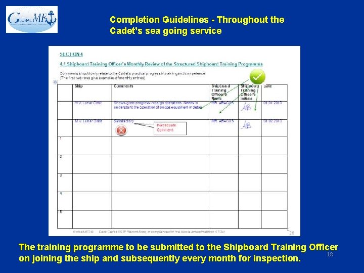 Completion Guidelines - Throughout the Cadet’s sea going service The training programme to be