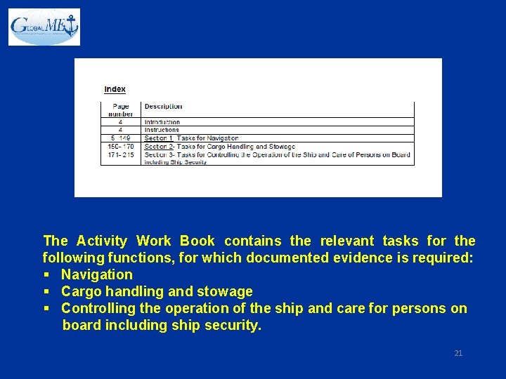 The Activity Work Book contains the relevant tasks for the following functions, for which