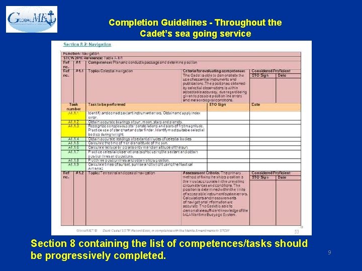 Completion Guidelines - Throughout the Cadet’s sea going service Section 8 containing the list